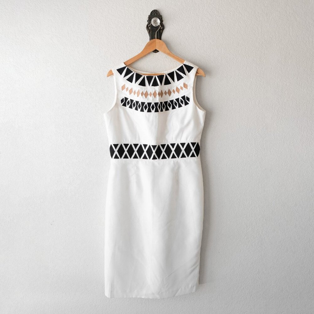 Vintage Chancelle Dress Size 10 White Black Geometric Sheath Midi Sleeveless